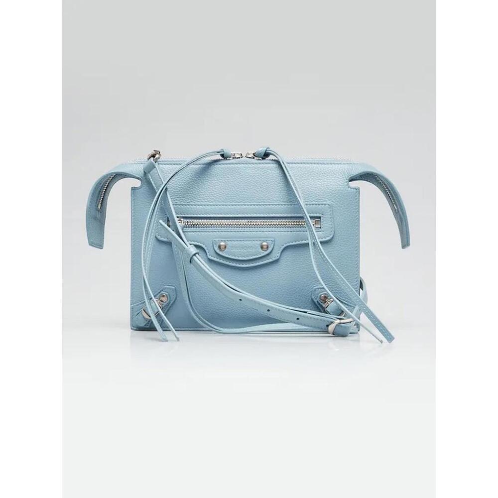 BALENCIAGA Blue Grey Pebbled Leather Neo Classic City Crossbody Clutch Bag - Picture 1 of 13